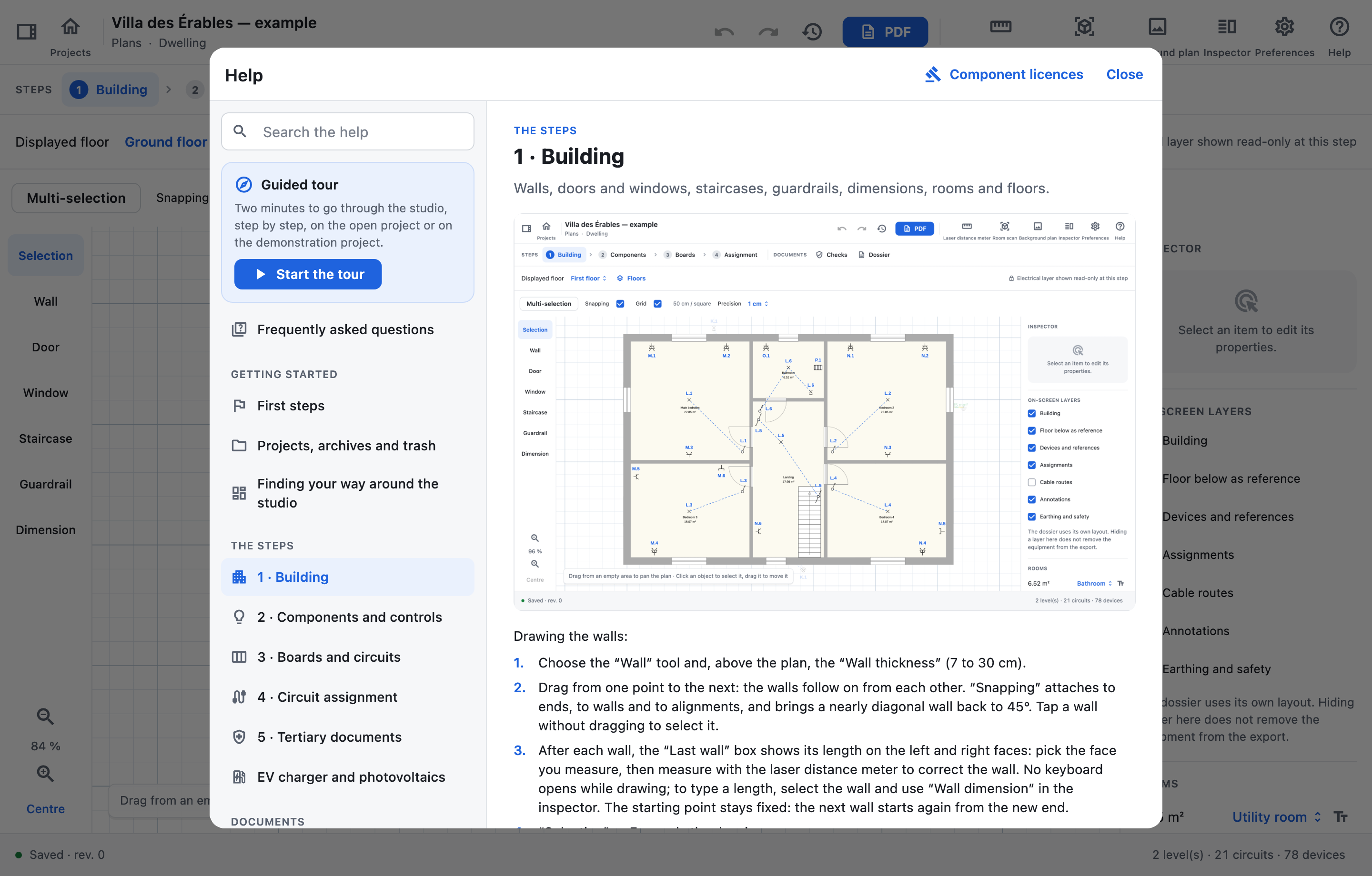 The ES Schémas help, open on the Building page of the guide.