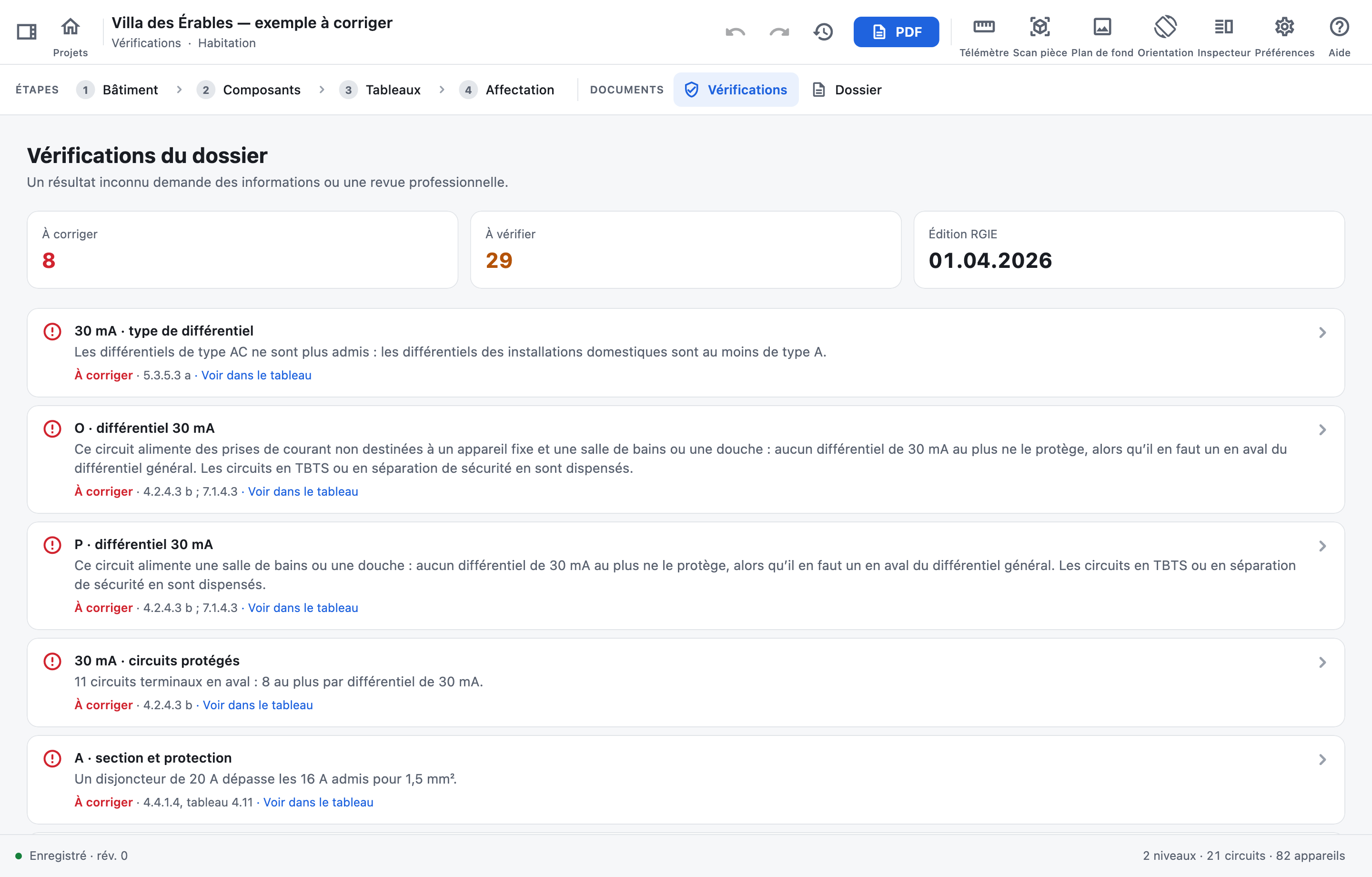 Les vérifications d’un projet avec huit constats à corriger, chacun avec son article du RGIE.