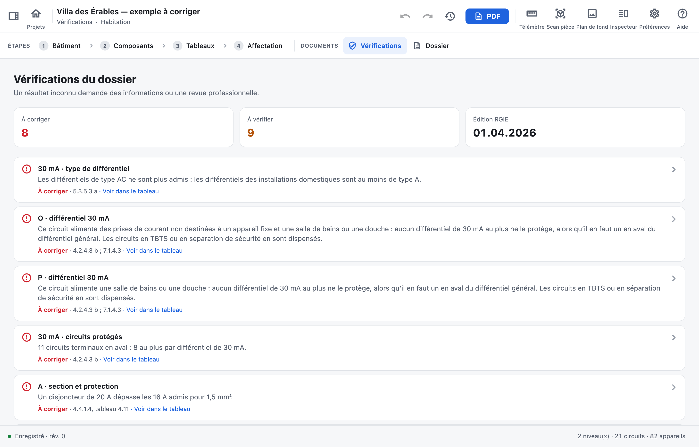 Les vérifications d’un projet avec huit constats à corriger, chacun avec son article du RGIE.