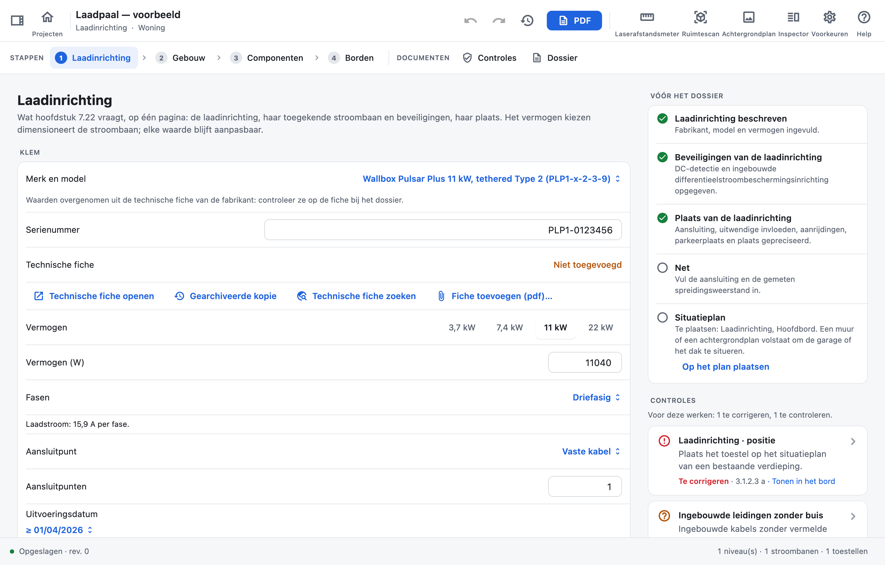 De pagina Laadinrichting van een laadpaalproject: merk en model, technische fiche, 11 kW driefasig vermogen, en rechts wat er nog te doen is vóór het dossier.