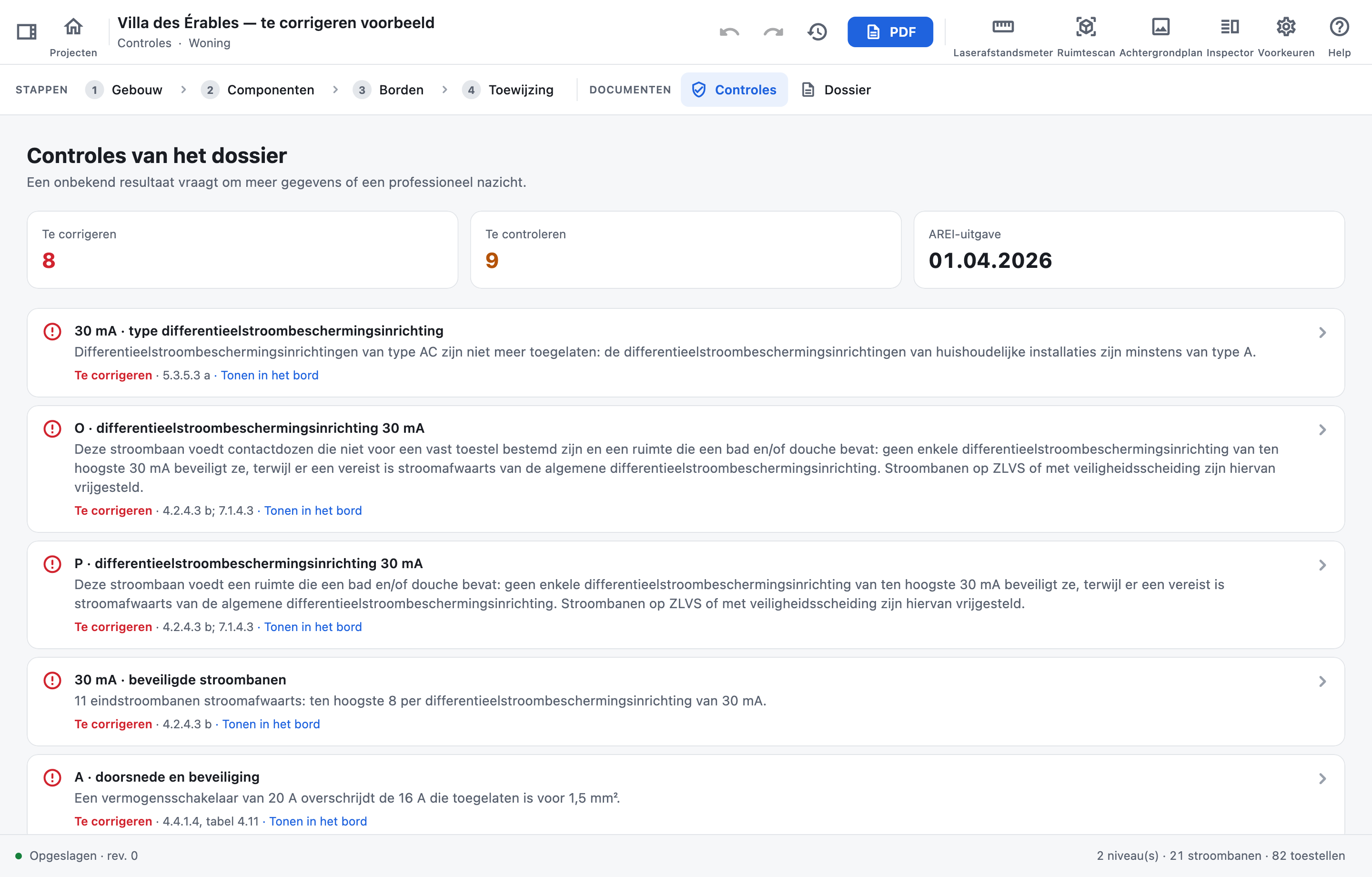 De controles van een project met acht punten te corrigeren, elk met zijn onderafdeling van het AREI.